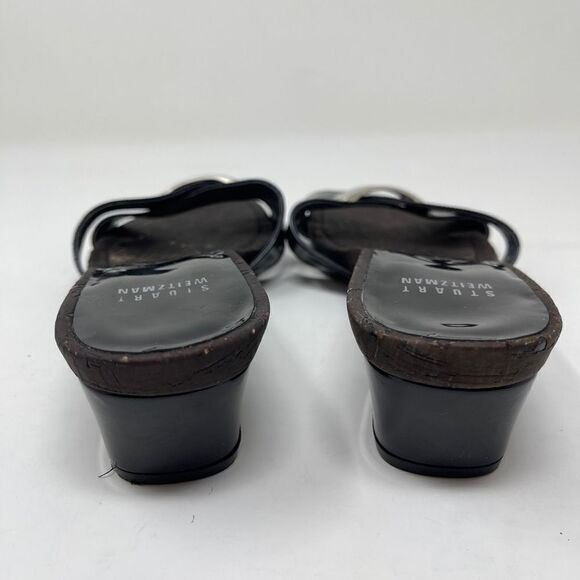 Stuart Weitzman Women's Cork Slip On Sandals Open Toe Black Patent Strap Sz 8.5 - Picture 6 of 9
